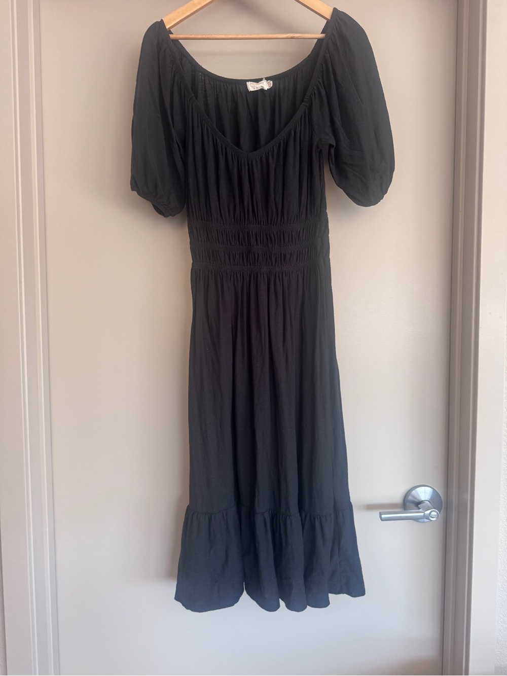 Nation LTD Black Pima Cotton Smocked Midi Dress Puff Sleeve Made Peru XS